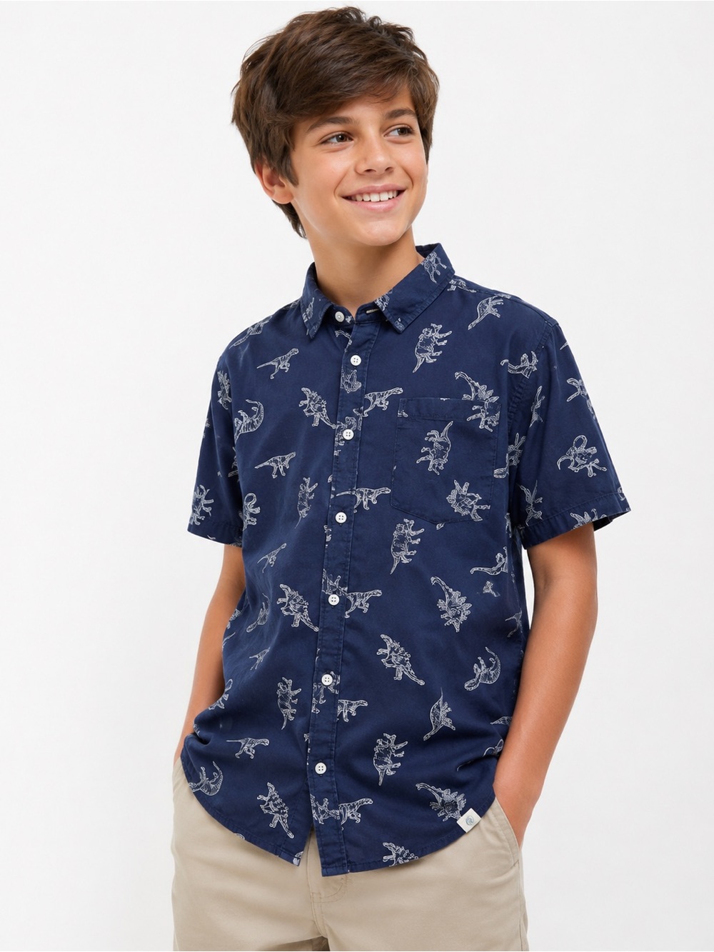 Free Planet Boys Dinosaur Print Button-Up Shirt | Size Large (12) | 100% Cotton